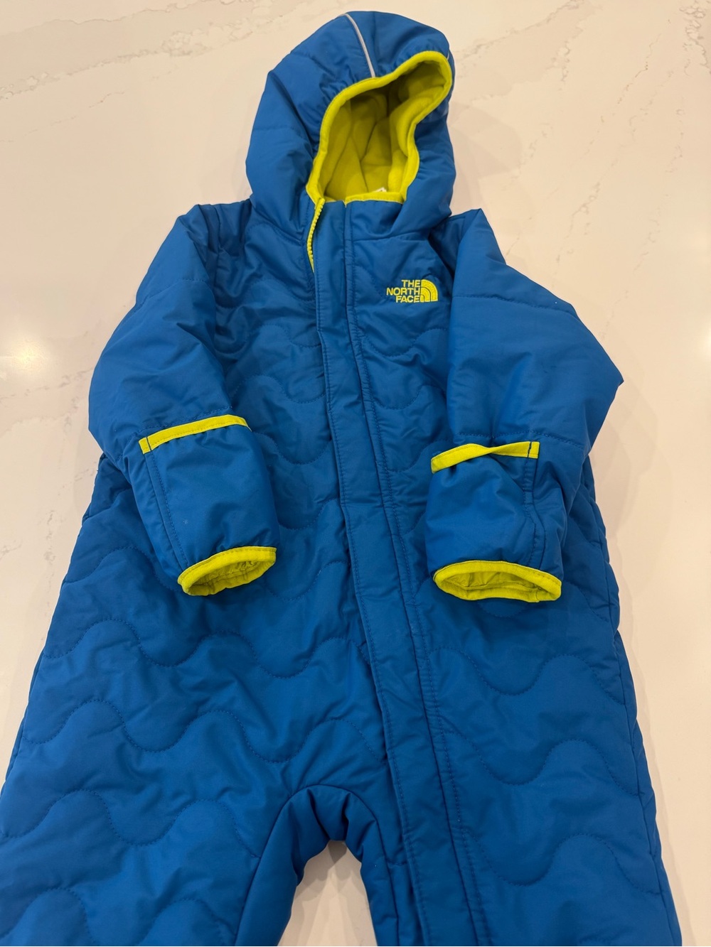 The North Face Blue Puffer Snowsuit with Lime Trim